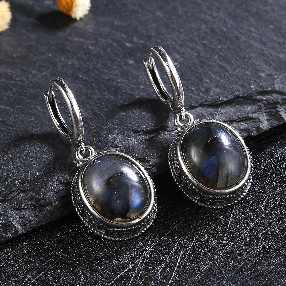 925 Sterling Silver Oval Natural Moonstone Hoop Earrings for Women Simple Vintage Turquoise Labradorite Ear Jewelry Wedding Gift