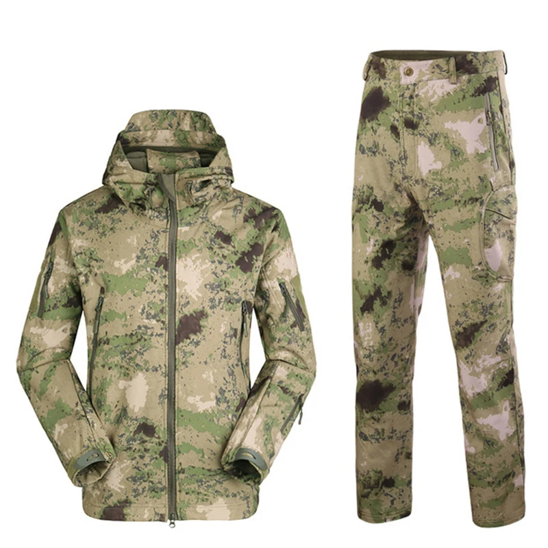 TAD Men Hiking Fishing Explore Clothes Suit Camouflage Shark Skin Waterproof Hooded Jacket+Pants
