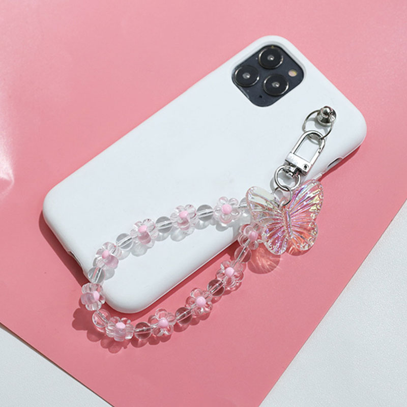 Butterfly Flower Keychain Trendy Transparent Bead Lanyards Keyring Mobile Phone Chains for Women Car Keys Bag Decor Pendant
