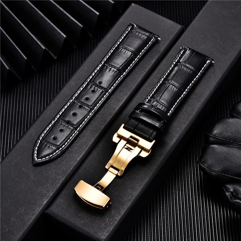 Bamboo Pattern Leather Watch Band Strap with Automatic Butterfly Deployment Clasp 20mm Straps Watch Accessories