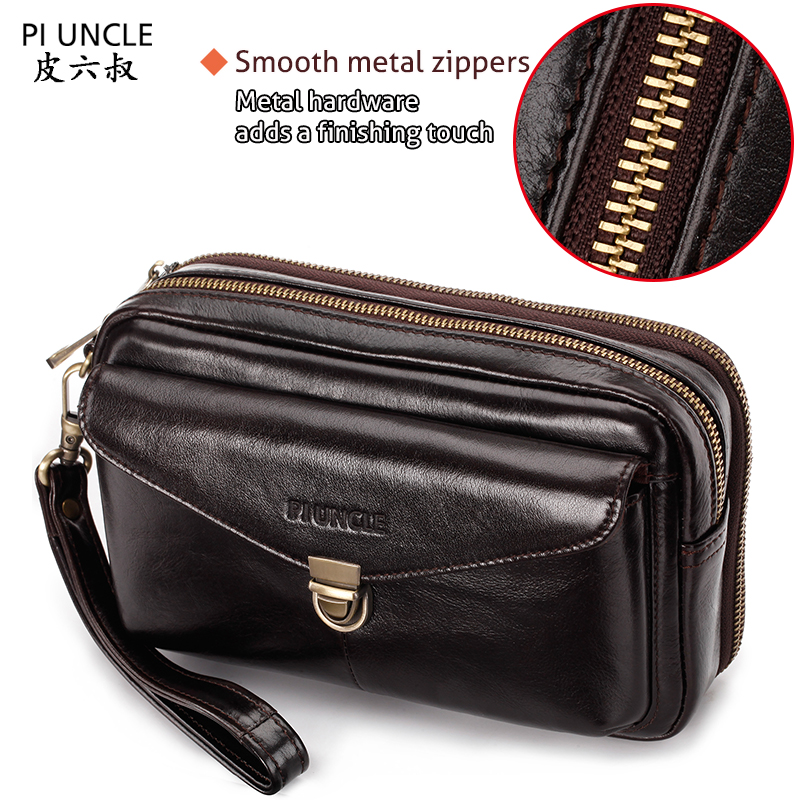 Men Genuine Leather Long Wallet Money Bag Double Zipper Male Wallet Pocket Case Purse 6.5" Cell/Mobile Phone Cigarette Bags