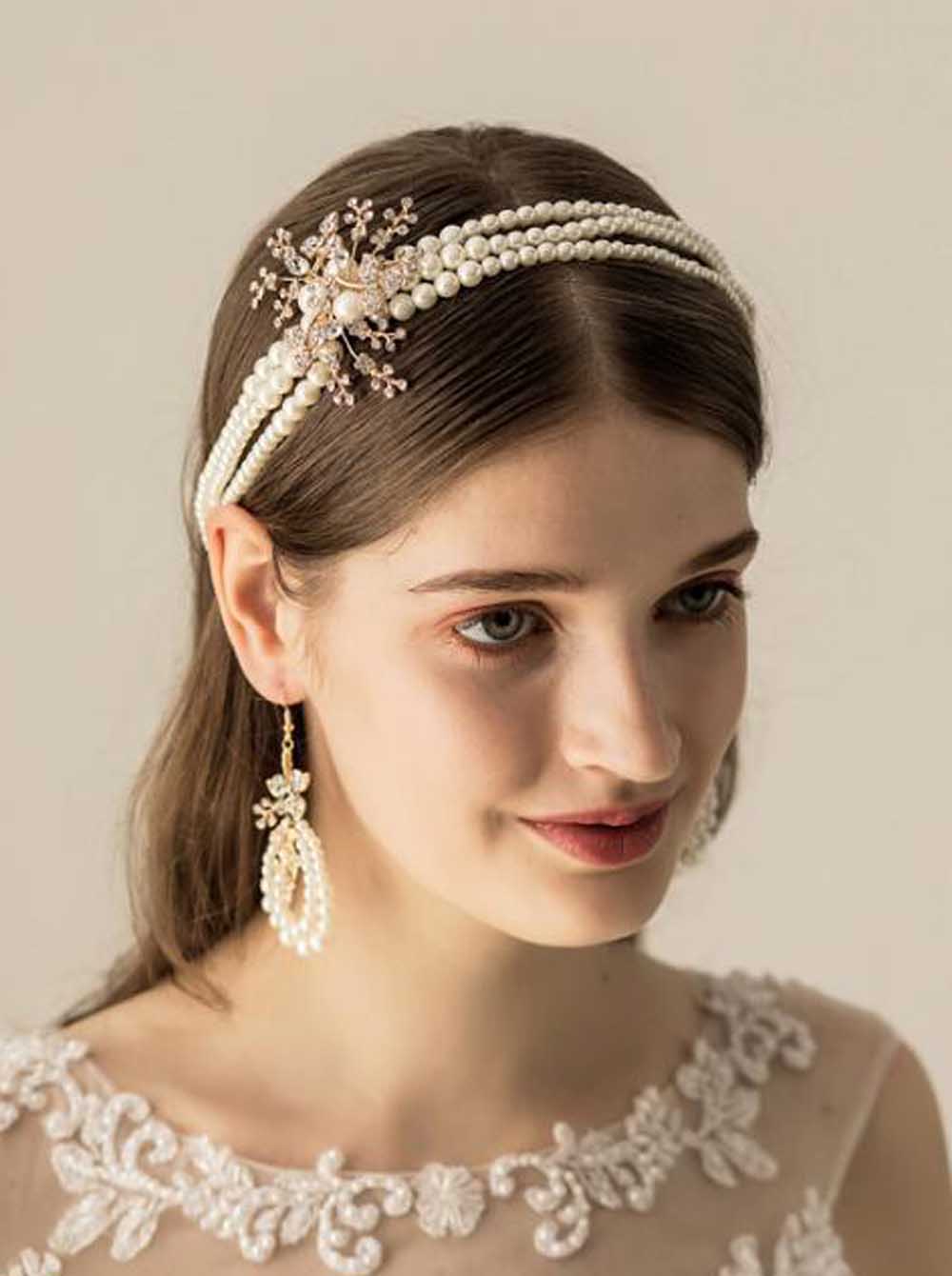 Gold Rhinestone Leaf Pearls Wedding Headband Tiara with Earrings Crystal Headpiece Bridal Hair Accessories for Bride Women
