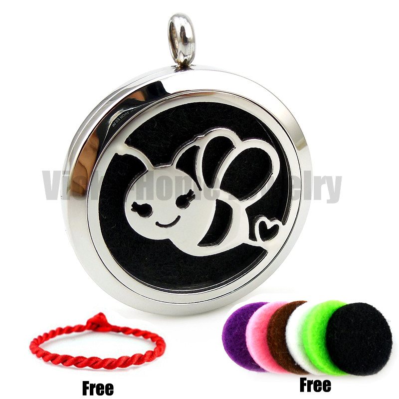 Round Steel Bee 30mm Free Red String Bracelet and Pads Essential Oils Diffuser Locket Aroma Diffuser Locket