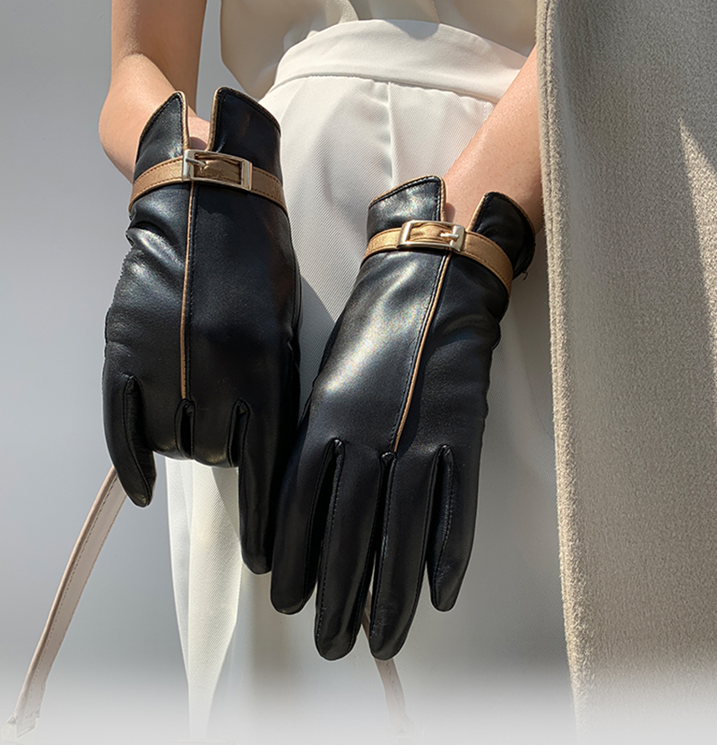 Women's Goatskin Gloves, Winter Thick Lining Leather, Black, Gold, Sheepskin Driving Gloves, Luxury Brand, S2528