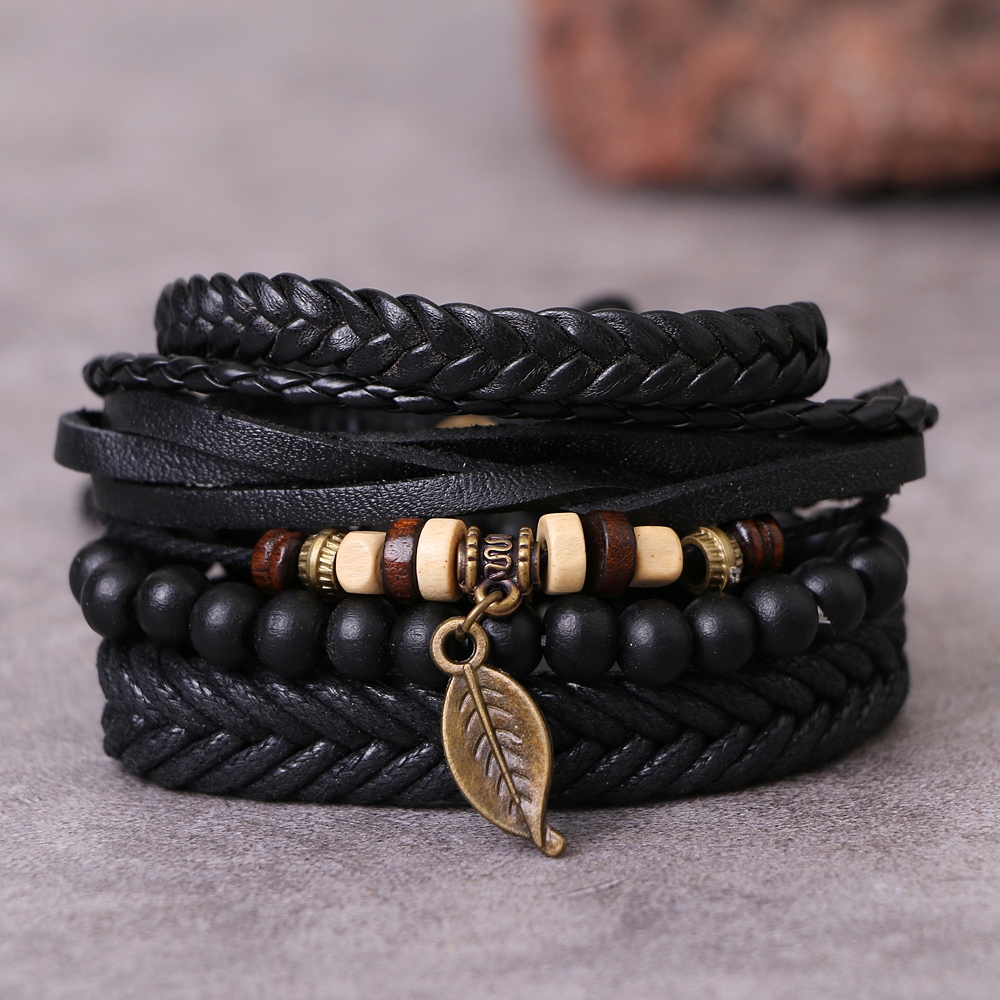 DAXI 4Pcs/set Adjustable Leather Woven Bracelets Set For Man Bronze leaves Black Beads Bracelet Vintage Gothnic Jewelry Gifts