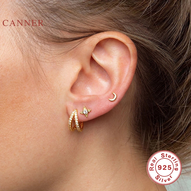 CANNER Real 925 Sterling Silver Earrings For Women Double Row Turquoise Personality Earrings Hoops Jewelry Aretes De Mujer