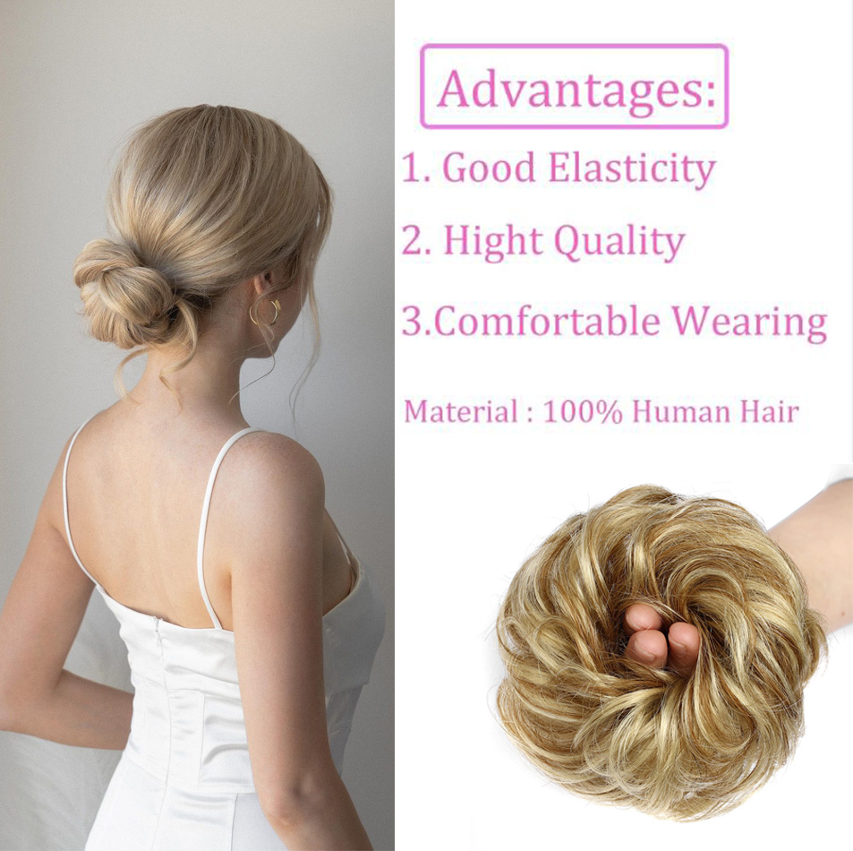 100% Human Hair Bun Extensions Messy Curly Elastic Hair Scrunchies Hairpieces Natural Wavy Curly Bun Hair Pieces for Women