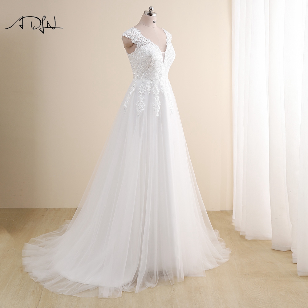 Modest V-neck Cap Sleeves Wedding Dresses Plus Size A Line Gowns Tulle Lace Applique Robe De Mariee Customized