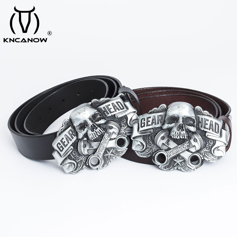 High Quality Leather Belt Men Strap Luxury Skull Gear Head Punk Buckle Fancy Vintage Western Cowboy Jeans Cinto Free Shipping
