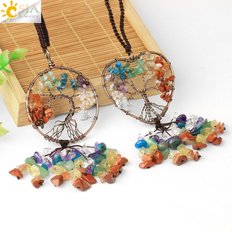 CSJA Natural Crystal Stone Tree of Life Keychain Pendant 7 Chakra Hanging Copper Wire Wrap Round Love Heart Key Ring Holder G790