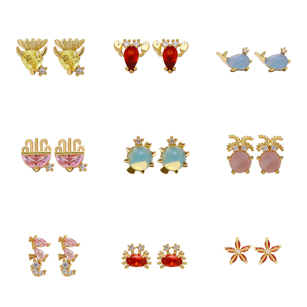 Luxury Cubic Zirconia Ocean Series Stud Earring Cute Small Animal Crab Starfish Tortoise Dolphin Earrings for Women Girls Gifts