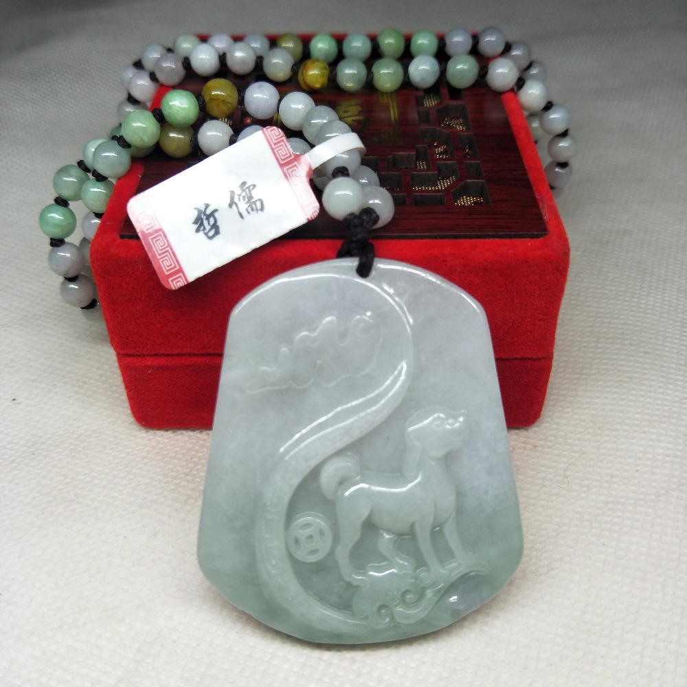 Zheru Jewelry Pure Natural Jadeite Green Two-Colored Dog Pendant Three-Color Jadeite Bead Necklace Send Class A Certificate