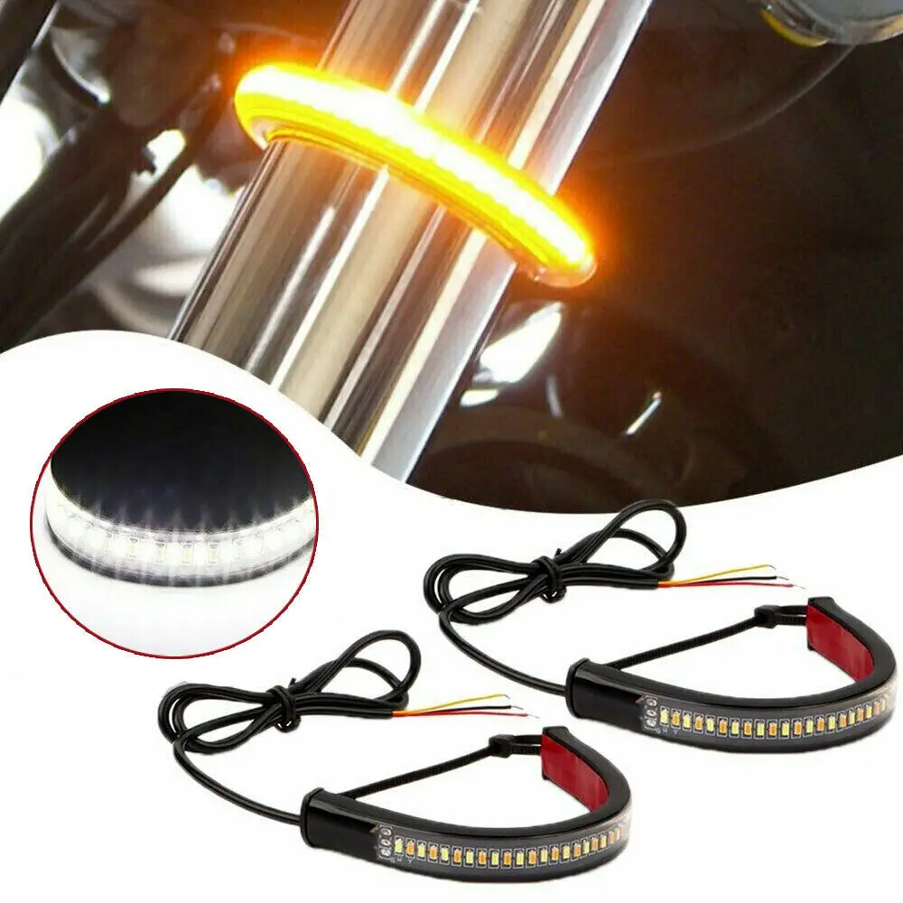 12V LED Motorcycle Turn Signal Light DRL Amber White Moto Flasher Ring Fork Strip Lamp For Moto Flexible Tail Brake Stop Light