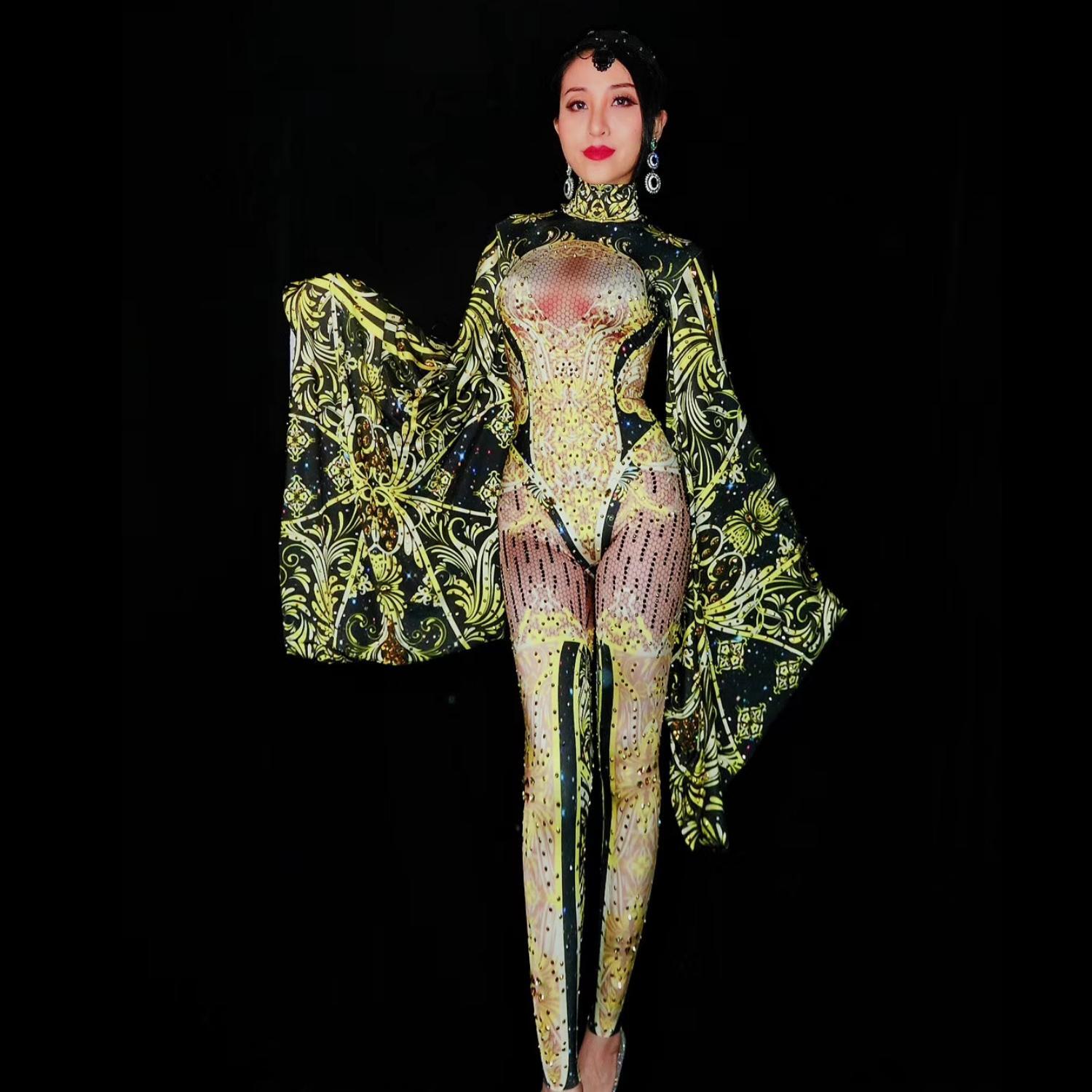 Gold Rhinestones Jumpsuit Women Sexy Leotard Big Sleeve Stage Costumes Singer Performance Outfits Dancer Rompers 2024 Nvhuang