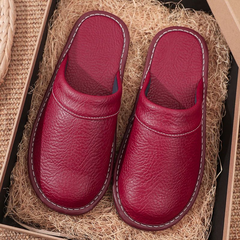Concise Faux Leather Slippers Men's Warm Shoes Indoor Fur Slides Mules Home Guest Slipper Big Size 47 48 Man Husband Plush Shoe