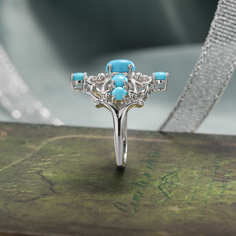 GZ ZONGFA Original 925 Sterling Silver Rings for women Seven Natural Turquoise Ring 1.5 Carats Rhodium Plated Fine Jewelry