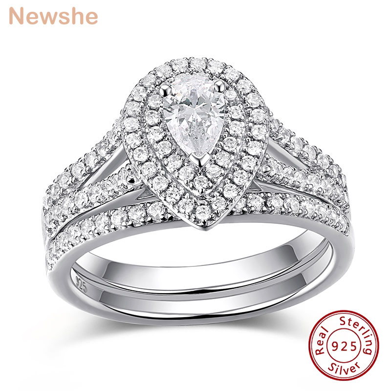Newshe Wedding Ring Set Classic Jewelry 1.3 Carats Pear Cut AAAAA CZ 925 Sterling Silver Engagement Rings for Women 1R0004