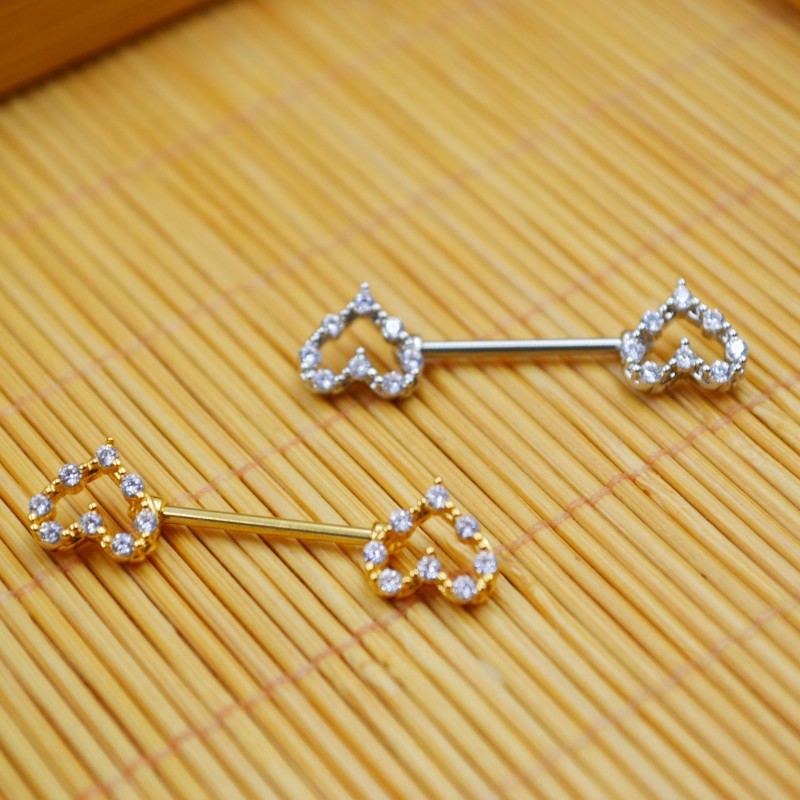 Lot10pcs Body Jewelry Piercing Heart Shine CZ Gems Straight Barbells Nipple Bar Piercing 16G~1.2mmx14MM