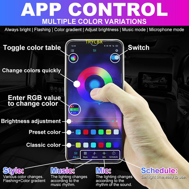 6 in 1 RGB LED Atmosphere Car Light Interior Ambient Light 6M Acrylic Optical fiber Strips by App Control DIY Music Universal