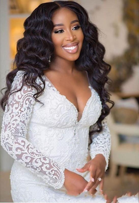African Black Girl Mermaid Wedding Dresses Sweetheart Lace Appliques Long Sleeves Long Detachable Train Plus Size Formal Bridal