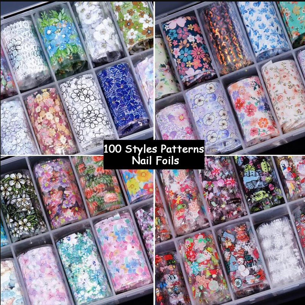 100 Styles Patterns Flowers Animal Nail Foils 10ROLLS(4*100cm/Roll) Transfer Paper Sliders nails Art Starry Sky Papers Decals-NZ