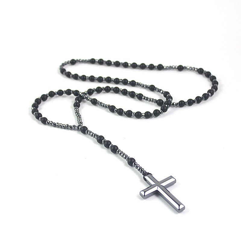 Religious Cross Pendant Necklace Men Hematite Beads Necklace Black Flash Beads Necklace Women Chart Long Chain Necklace QJ-01