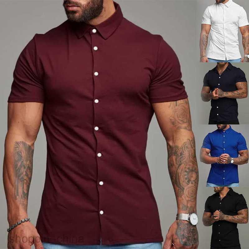 Men's Casual Shirts New Male slim fitting solid color collar casual imitation cotton shirt short sleeved youth men clothing tops