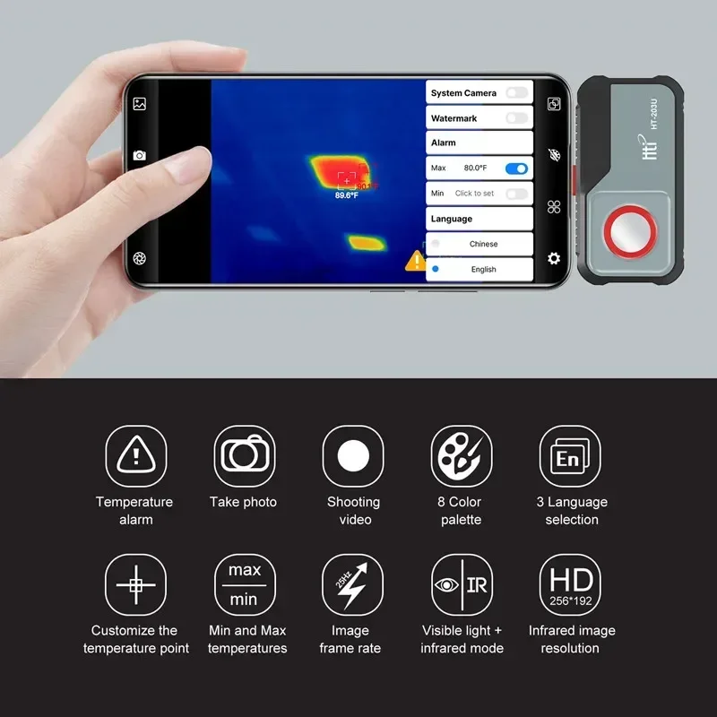 HTI HT-203U 256*192 Pixels Thermal Camera -20°C~550°C Android Type C Mobile Phone Infrared Thermal Imager For Electrical Repair