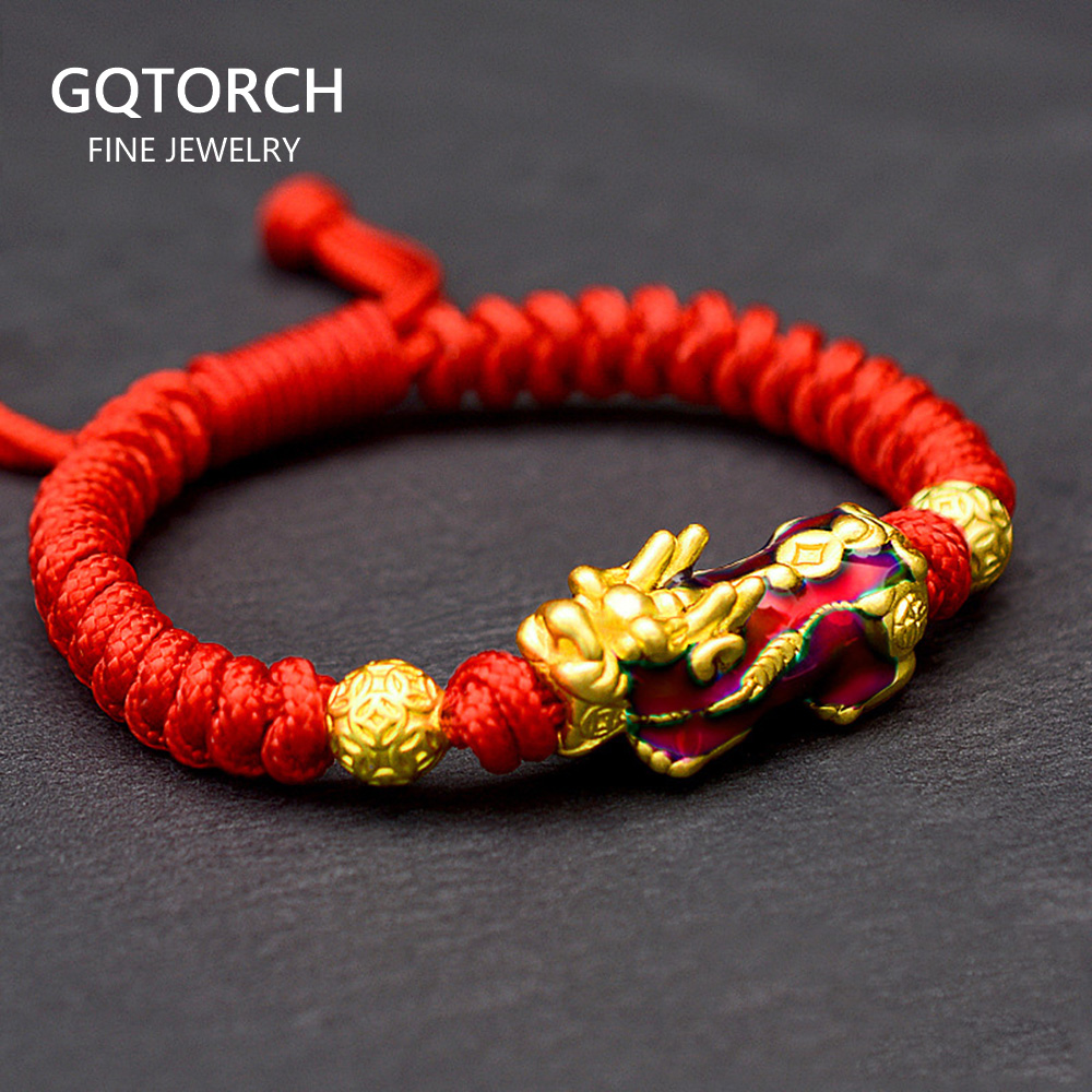 999 Sterling Silver Pixiu Gold Color Temperature Color Changed Lucky Red Rope Bracelets Tibetan Buddhist Knots String For Men
