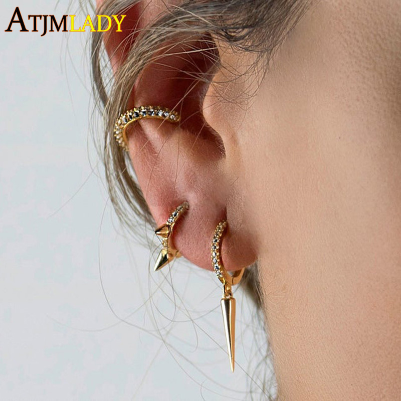 Gold Color Plated Spike Cz Hoop Earrings For Women Wedding Small Huggie Earrings Tiny Minimal Delicate Dainty Hoops Jewerly