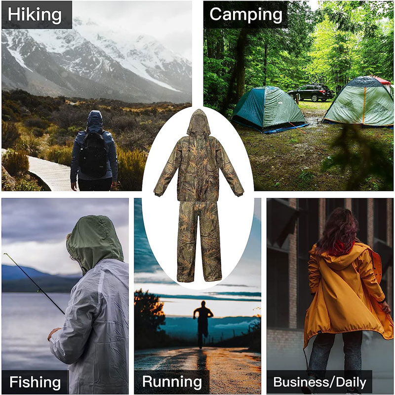 Portable Woodland Camo Poncho Raincoat Set with Rain Pants Folding Waterproof Clothes Trip Man Rain Jacket