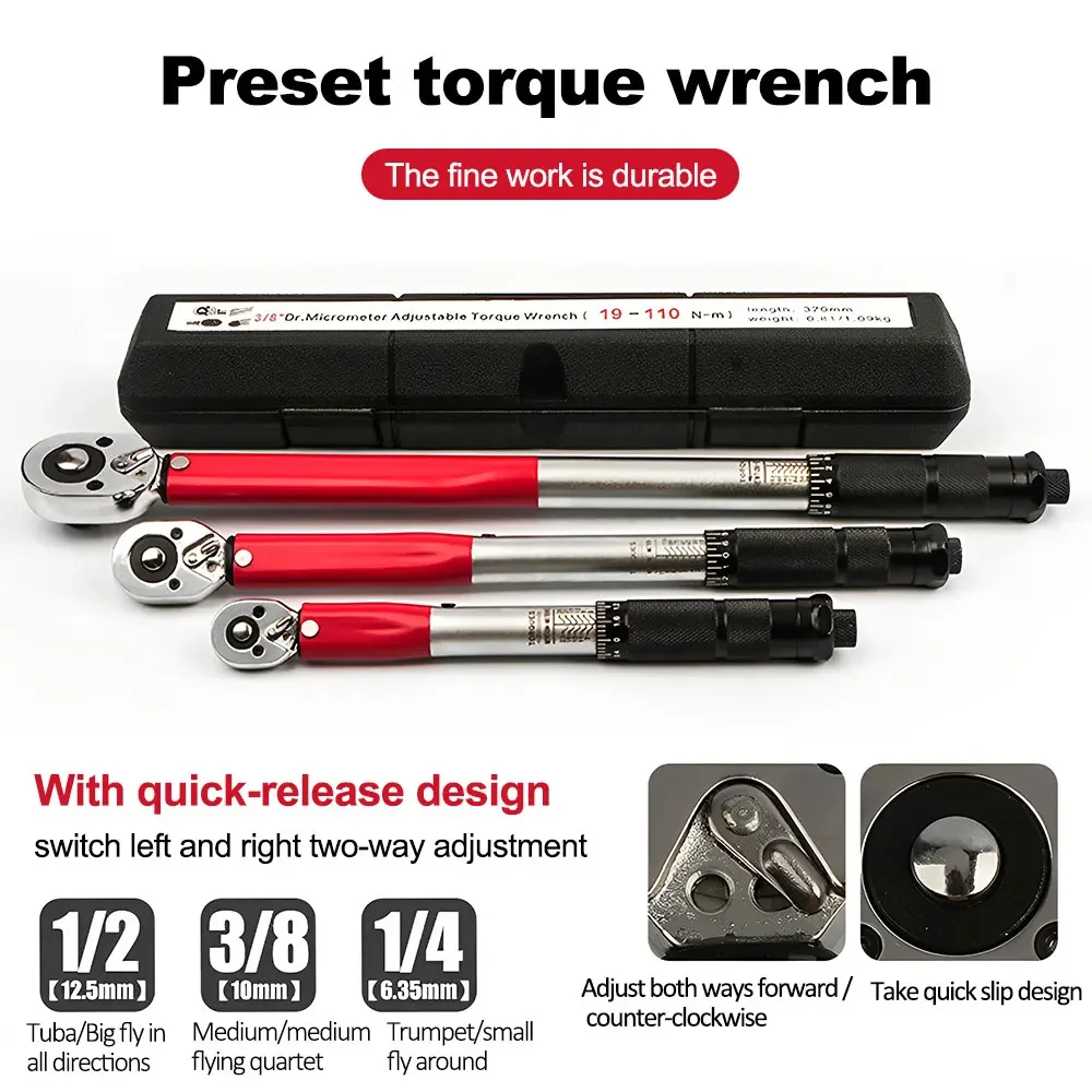 5-210N.m Torque Wrench 1/2'' 3/8'' 1/4'' Drive Click Preset Bicycle Torques Key Two-way Ratchet Car Bike Automotive Hand Tools
