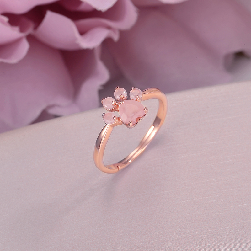 Fine Jewelry 925 Silver Sterling Rings For Women Rose Quartz Natural Bear's Paw Foot Gemstone Print Pink Lovely Ring CCRI027