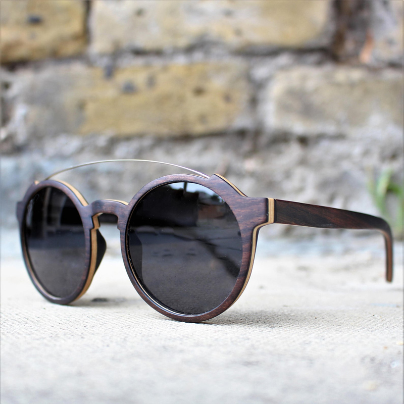 Unique Round Wood Sunglasses With Metal Bridge Modern Men Women Polarized Ebony Black Sun Glasses UV400 Handmade Oversize Shades