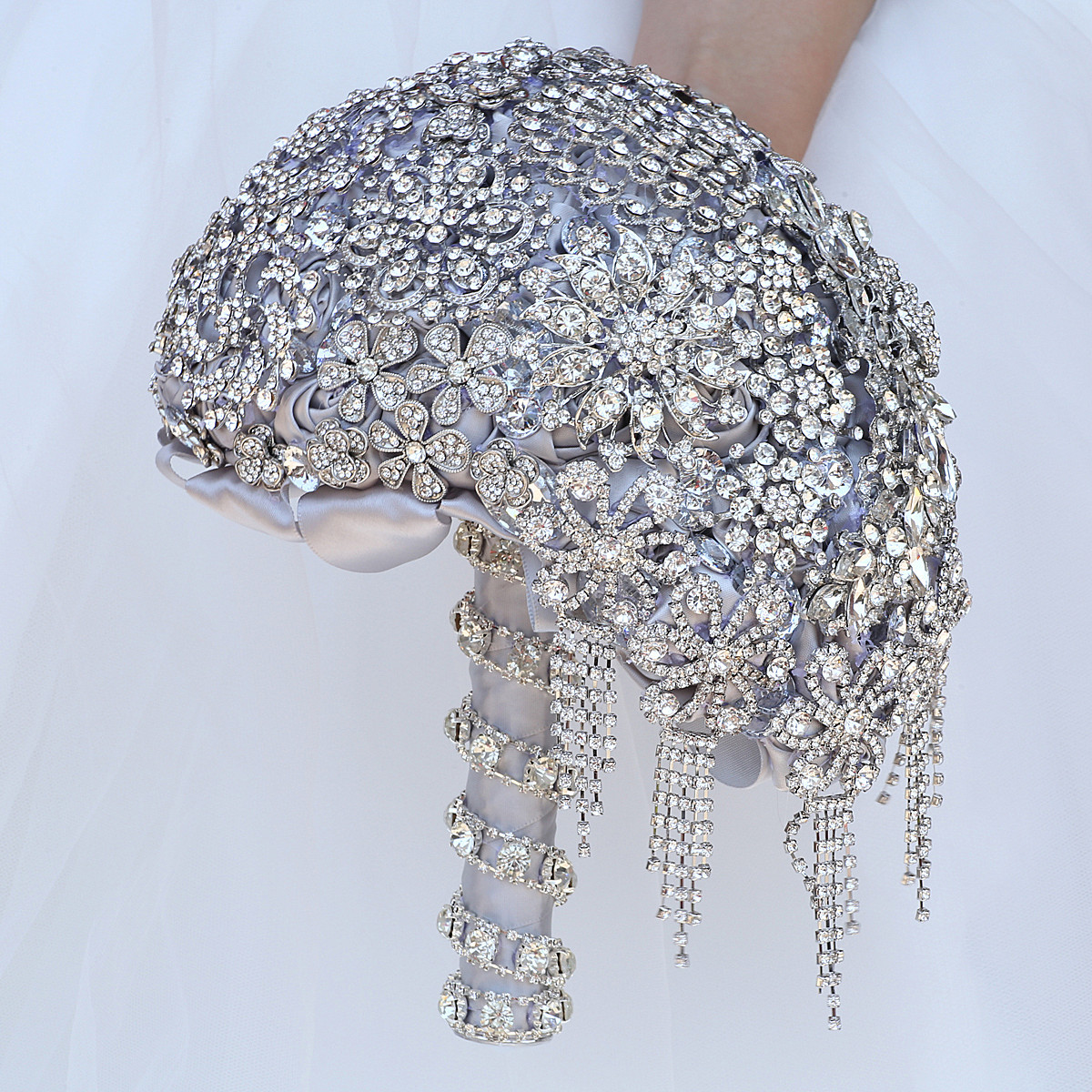 Kyunovia Cascading Teardrop Bouquet Silver Brooch Bouquet Wedding Accessories Jewelry Bouquet Crystal Cascade Bouquet FE69