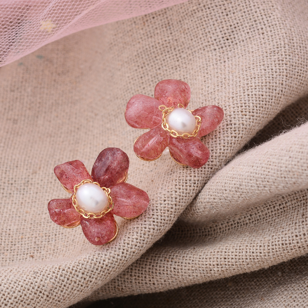 Original Handmade 14K Gold Filled Natural Freshwater Pearl Strawberry Quartz Sweet Rose Flower Ladies Stud Earrings Jewelry Gift