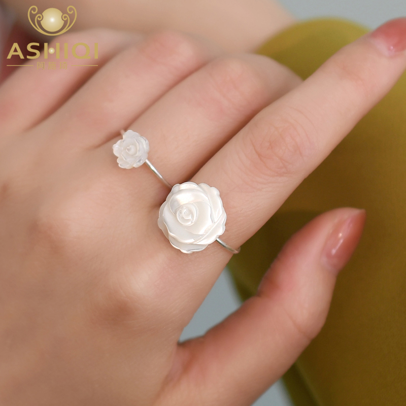 ASHIQI Natural Shell Flower Ring 925 Sterling Silver Handmade Jewelry Unique for Women Gift