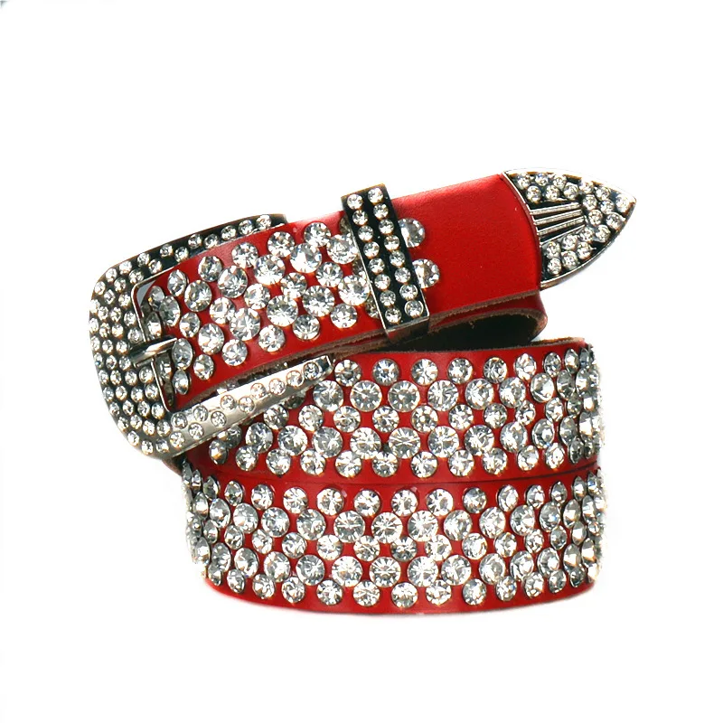 Vintage Rhinestone Skull Belts Wide Buckle Belt For Women Ladies Second Layer Cow Skin Top Quality Strap Female For Jeans