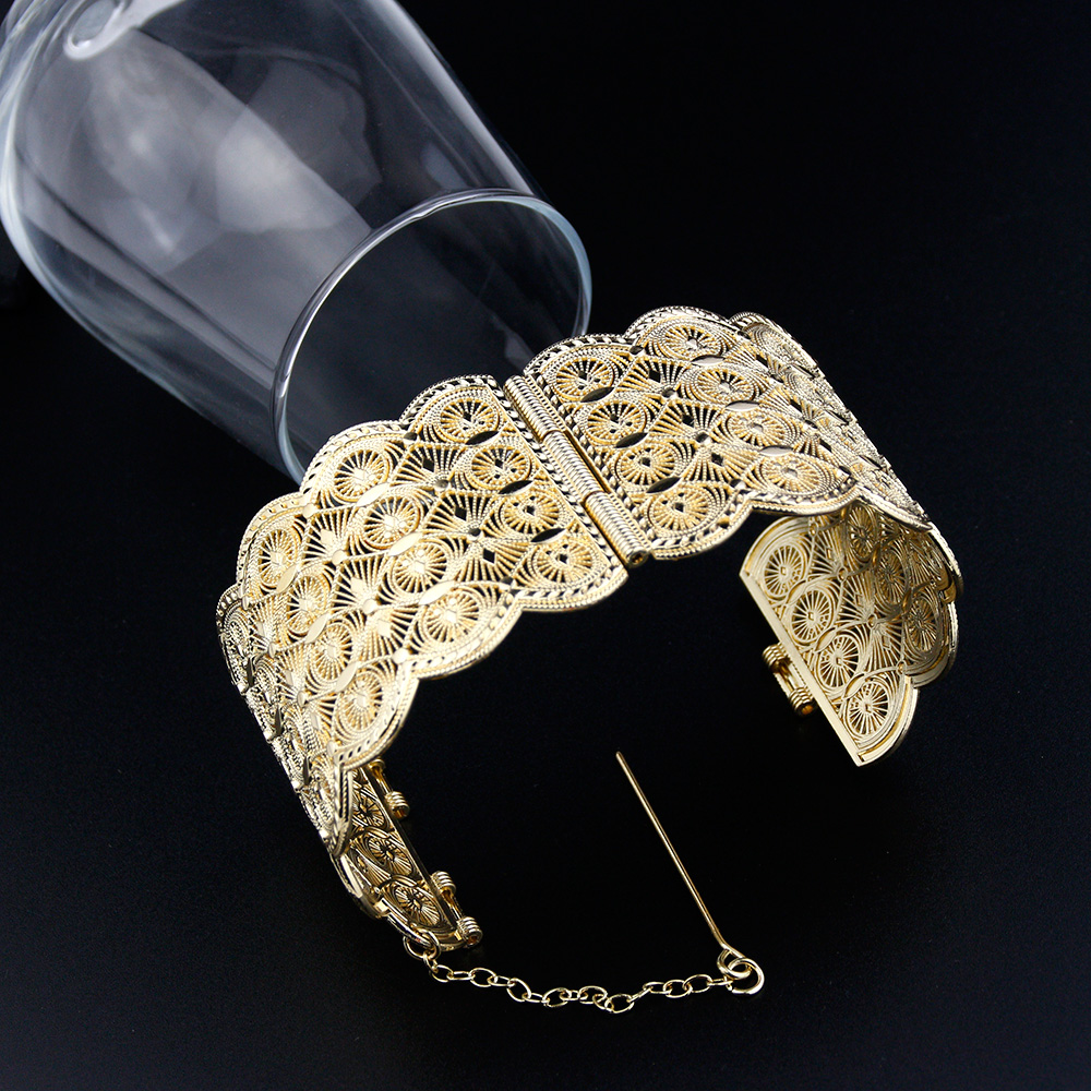 Sunspicems Gold Color Metal Cuff Bracelet Women Hollow Pattern Algeria Morocco Bangle Big Size Ethnic Wedding Caftan Jewelry