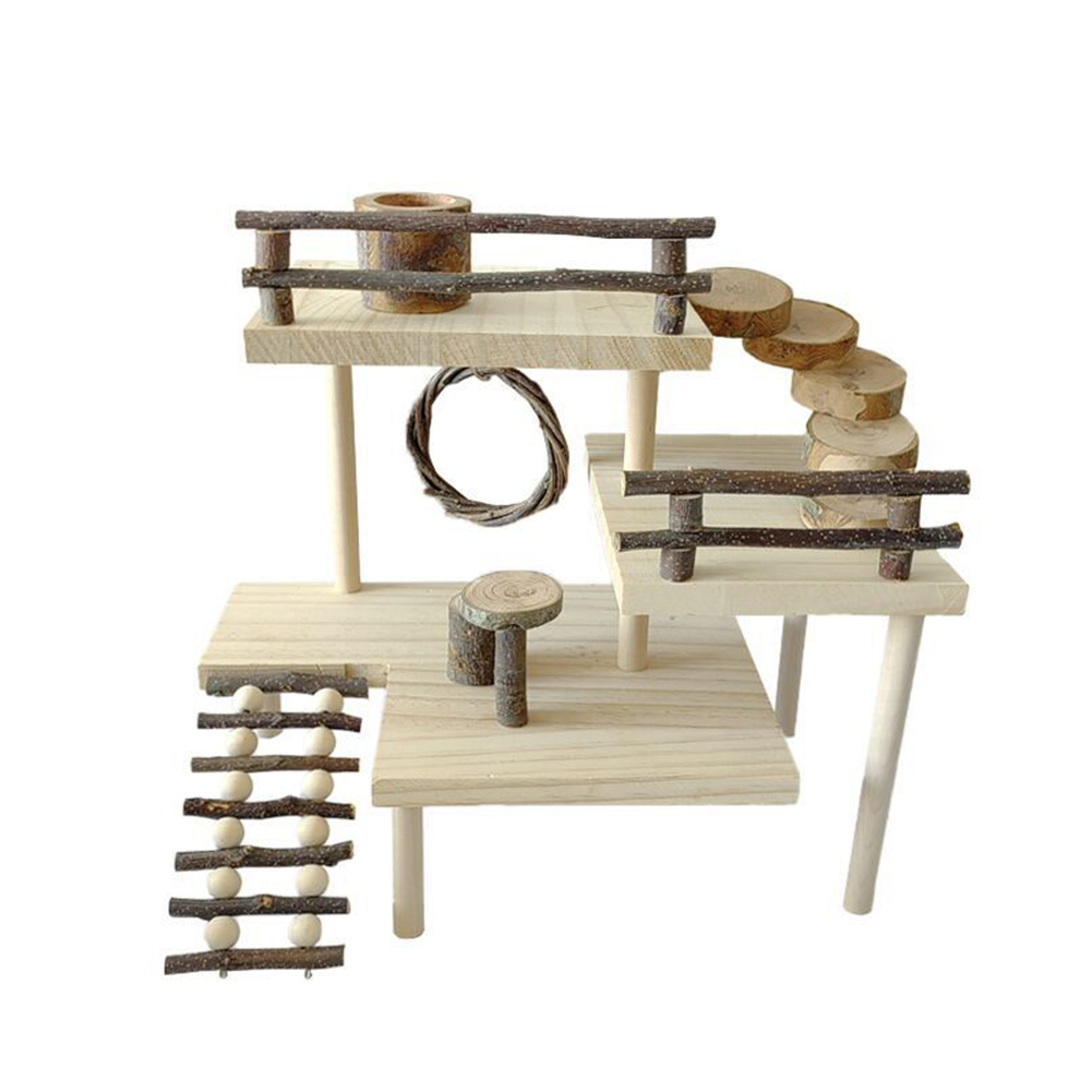 3-Tier Hamster Play Wooden Platform With Rotatable Angle Ladder Bridge Fence Handmade Small Animals Playground Climbing Toy