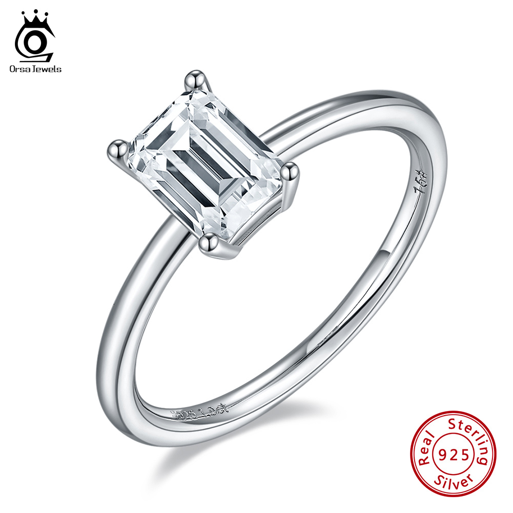 ORSA JEWELS 5x7mm Emerald Cut Moissanite Solitaire Rings Clarity S925 Silver Anniversary Ring Jewelry Gift for Women SMR56