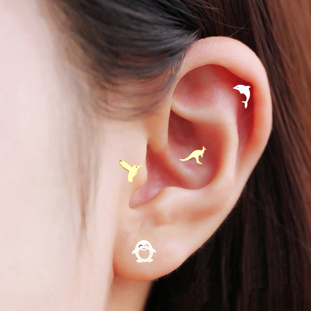 Starose 2Pcs Animal Dolphin Bird Ear Piercing Helix Stud Earring Surgical Steel Bar Tragus Cartilage Piercing Flat Conch Jewelry