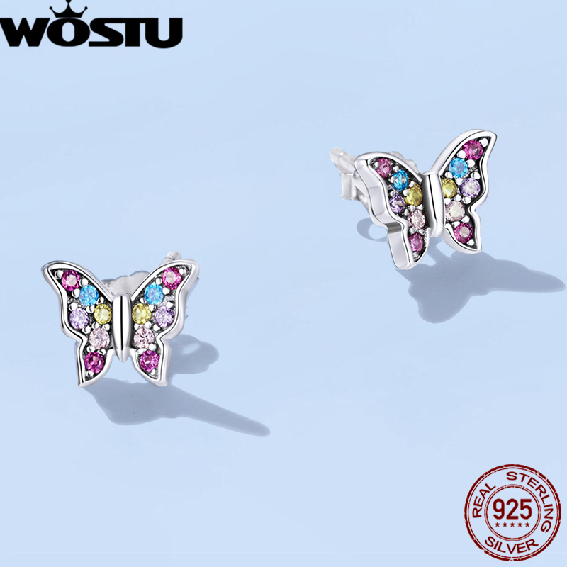 WOSTU 100% 925 Sterling Silver Rainbow Insect Bee Beetle Spider Butterfly Dragonfly Stud Earrings For Women Fine Jewelry Gifts