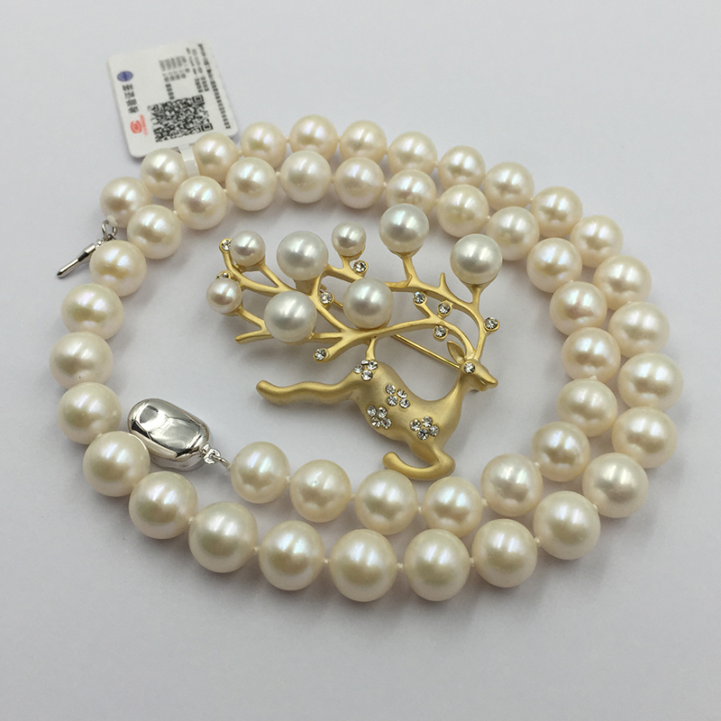 Sinya Natural Freshwater Round Pearl Beads Strand Necklace Chocker Brooch Jewelry Set for Women Mum New Years Christmas Gift Hot