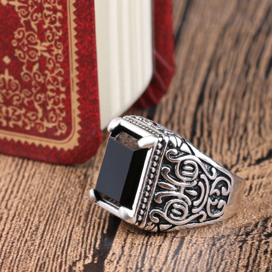 Kinel Hot Black Rings Mens Filled Tibetan Silver Black Stone Resin Wedding Ring For Men Big Size 11 Vintage Jewelry Wholesale