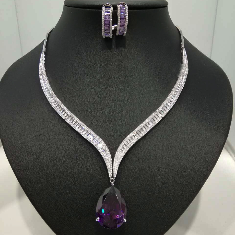 LUXURY AAA cubic zirconia trapezoidal shaped big stud earrings and necklaces ,white colour high quality,women's jewelry sets