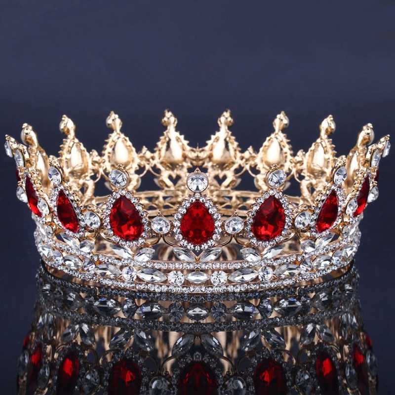 Bride Royal Pink Crystal Queen King Tiaras Baroque Round Crowns Big Rhinestone Pageant Diadem Headband Wedding Hair Accessories