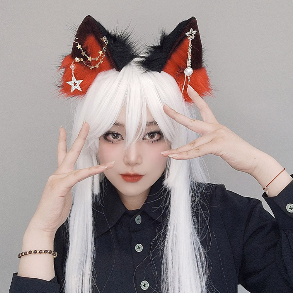Gothic Wolf Ears Animal Ear Headband with Star Tassels for Women Girls Cosplay Furry Cat Fox Ears Halloween Party Headwear