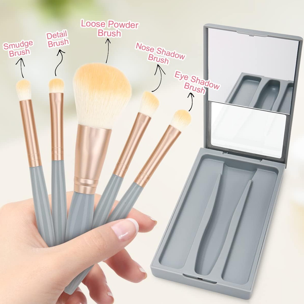 5Pcs Makeup Kit With Mirror Women Durable Cosmetic Brush Case Beauty Tools Brushes Storage Box Purple Letter Pattern