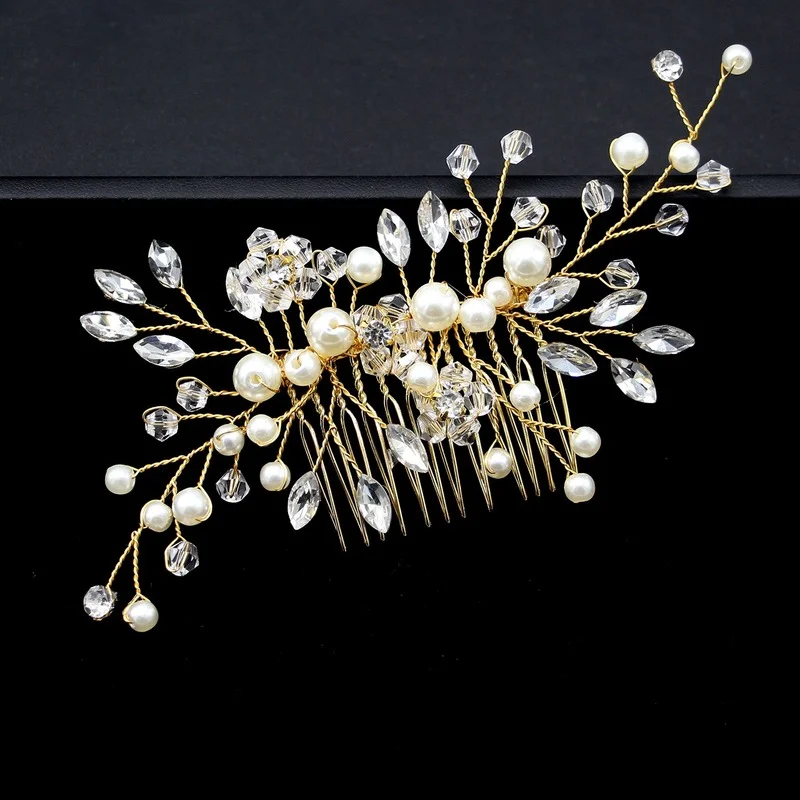 Nice Crystal Bride for Women Bridal Wedding Hair Accessories Pearl Flower Headband Handmade Hairband Beads Hair Comb Decoration